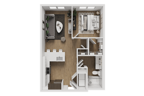 Floor plan for 1 bed, 1 bath, 763 sqft